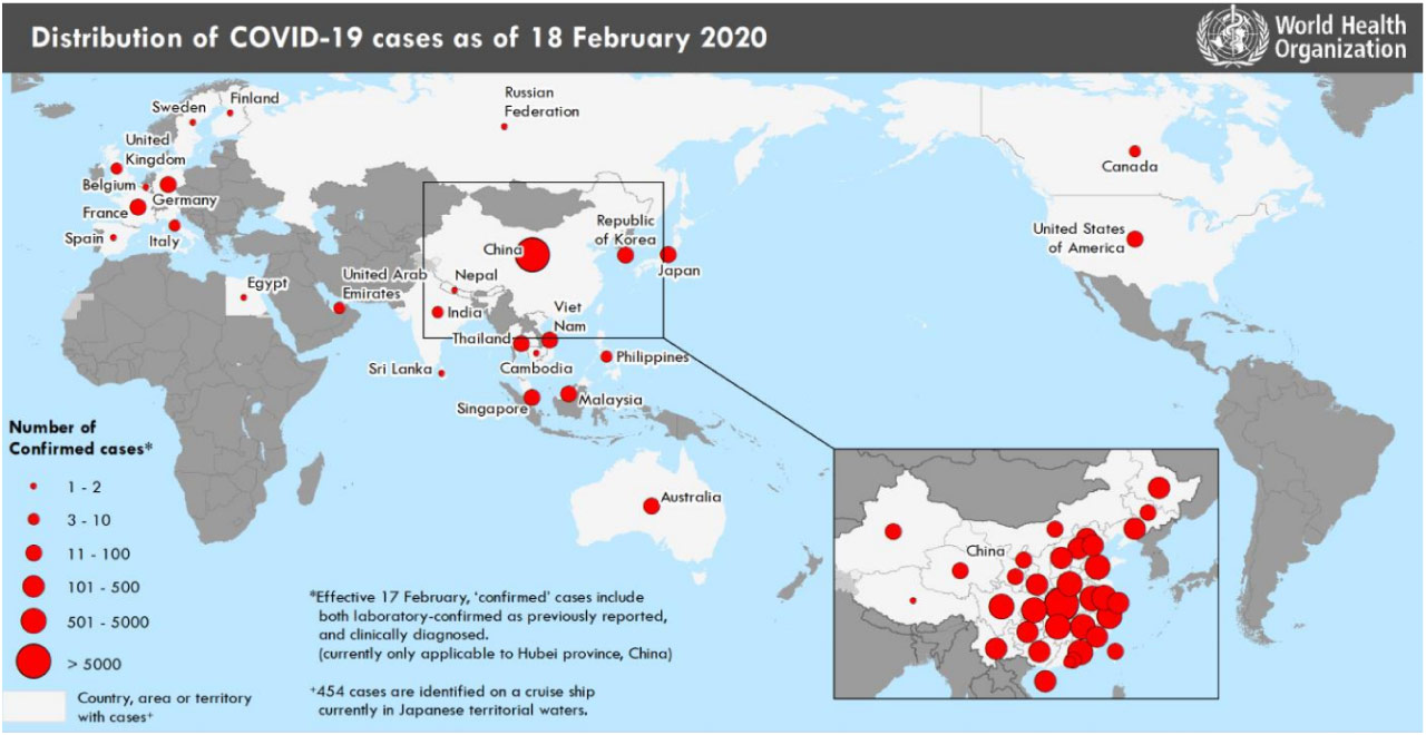 Distribution of coronavirus as 18 Feb 2020